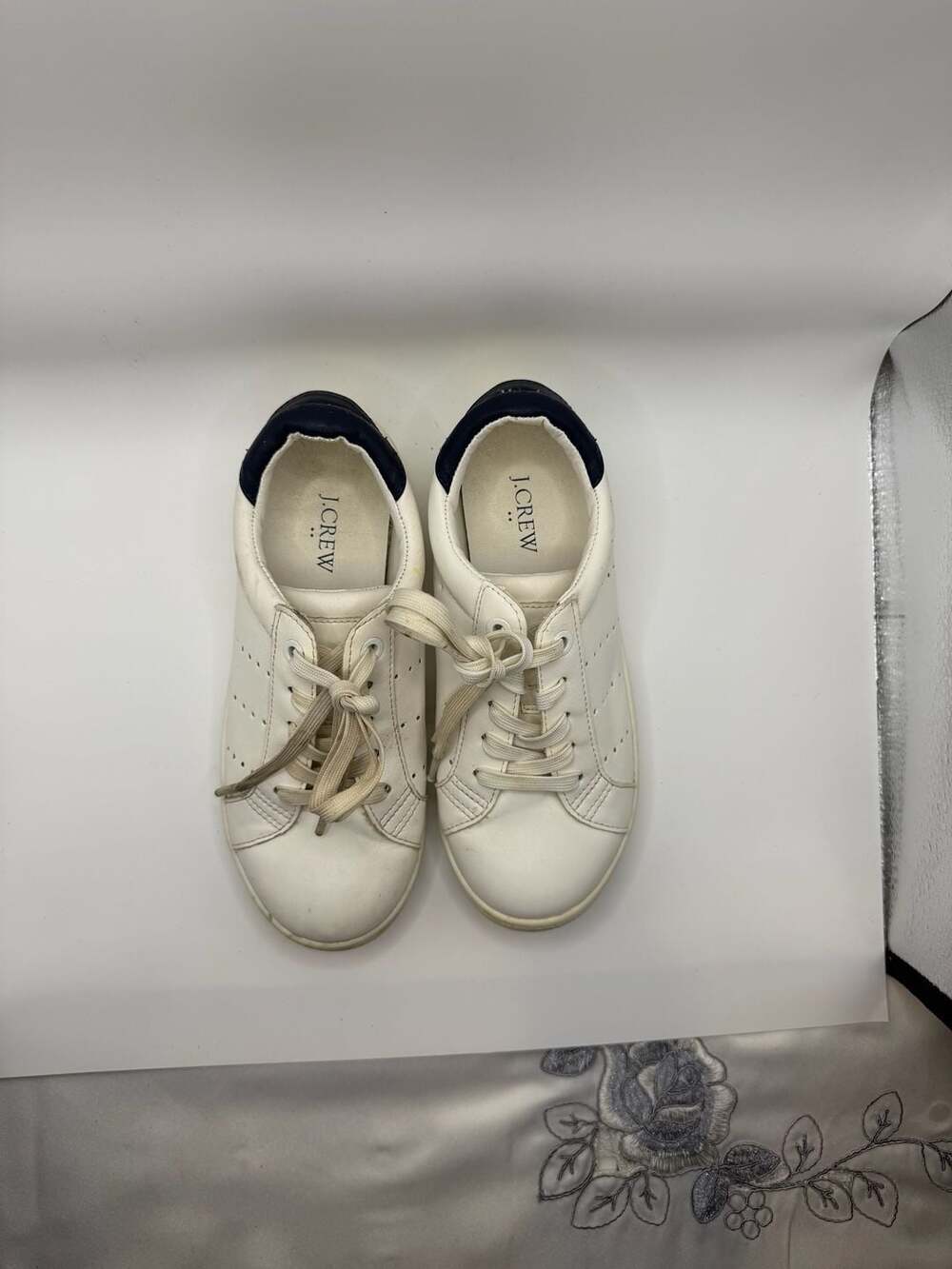 J.Crew Kids' Lace-Up Sneakers in White with Navy Heel Detail